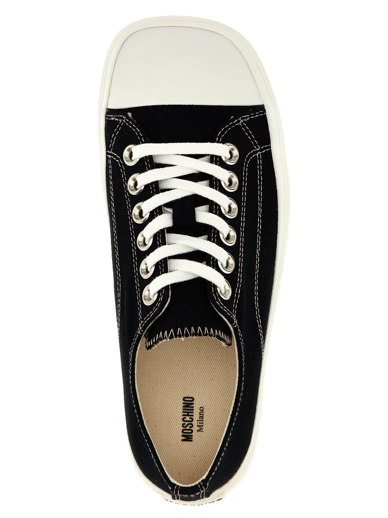Moschino Stitched Canvas Low-top Sneakers With Rubber Sole In Black
