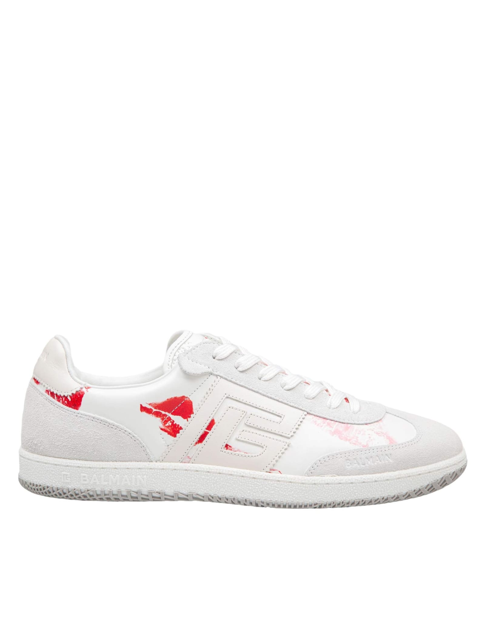 Shop Balmain Swan Sneakers In Leather And Suede Color White And Red In Blanc/rouge