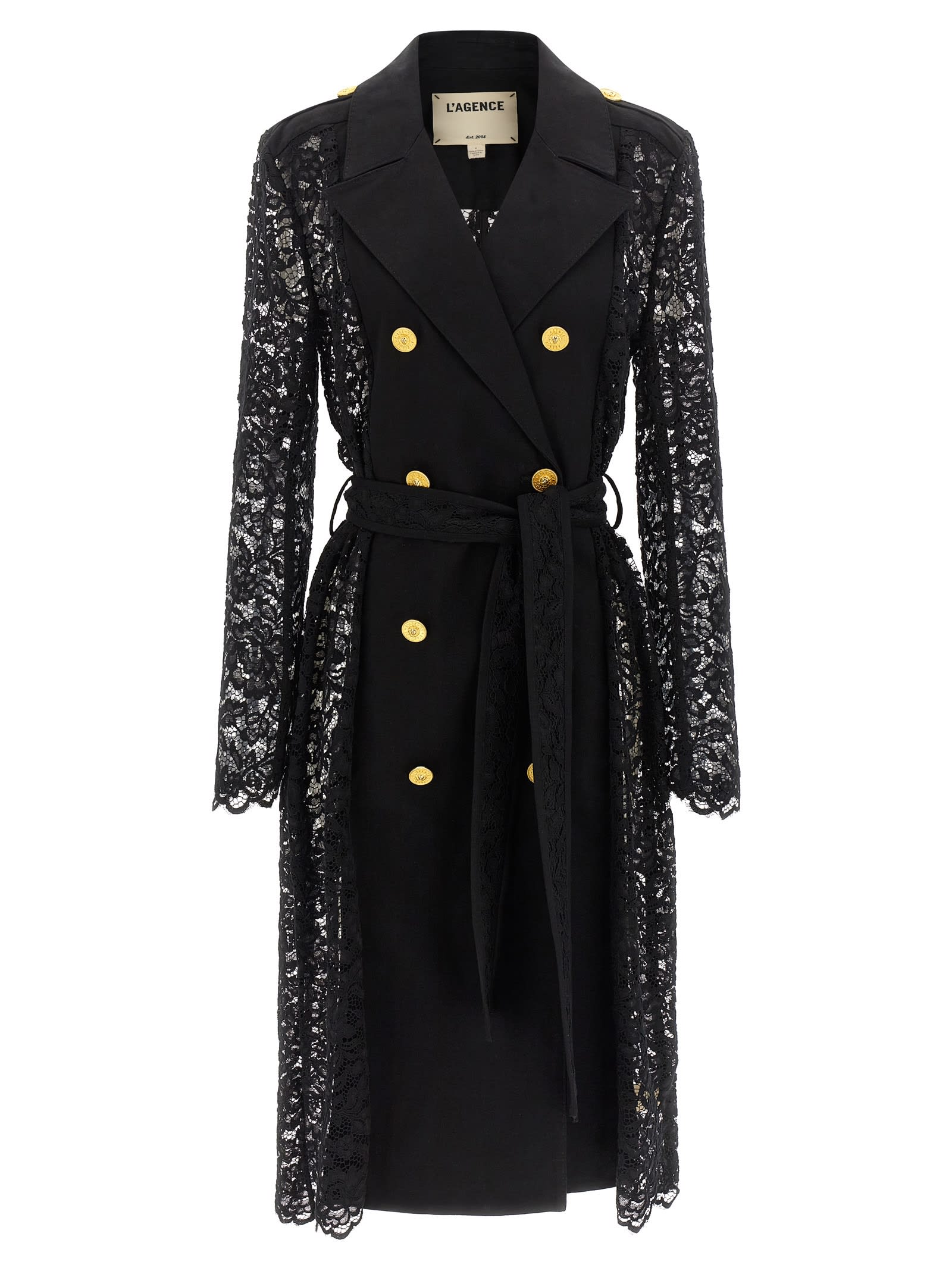 L'agence Amata Belted Lace Trench Coat In Black