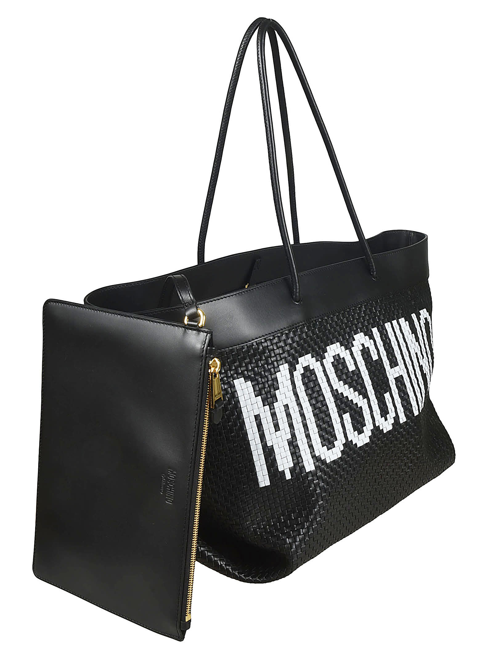 Shop Moschino Woven Logo Tote In Black