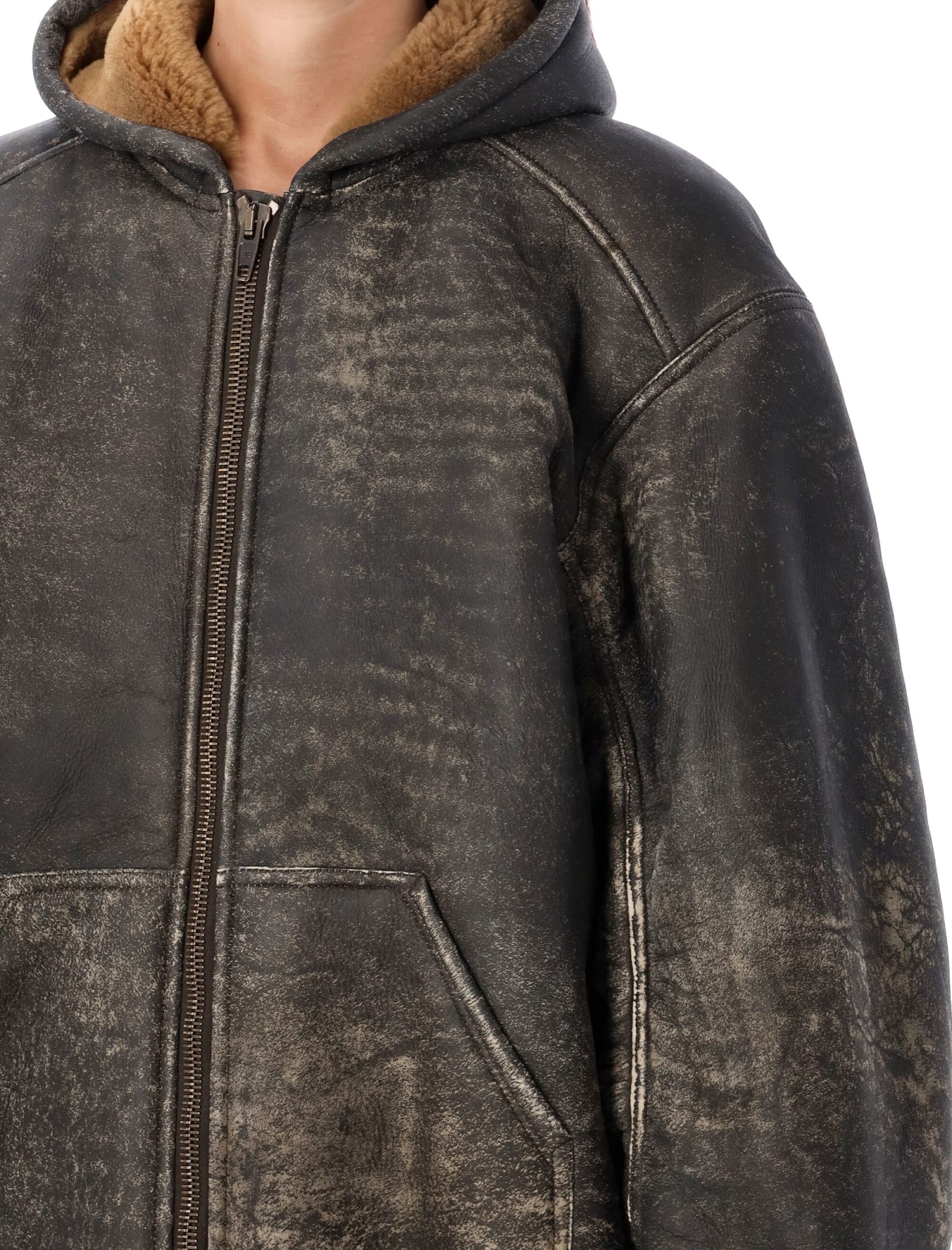 Balenciaga Montone Con Cappuccio E Zip In Shearling Marrone Donna In Brown