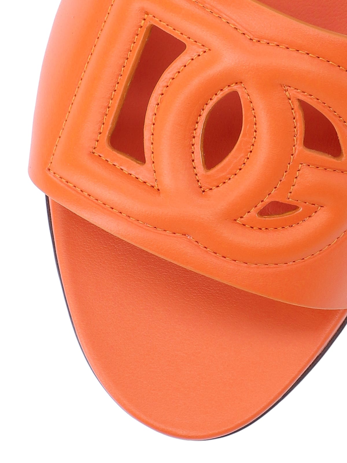 Dolce & Gabbana Slide Sandals In Orange Leather With Logo In Orange
