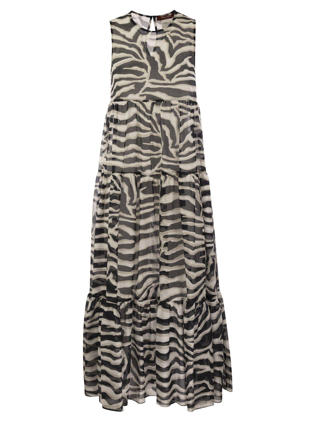 Shop Max Mara Zebra Printed Crewneck Sleeveless Dress In Nero-bianco