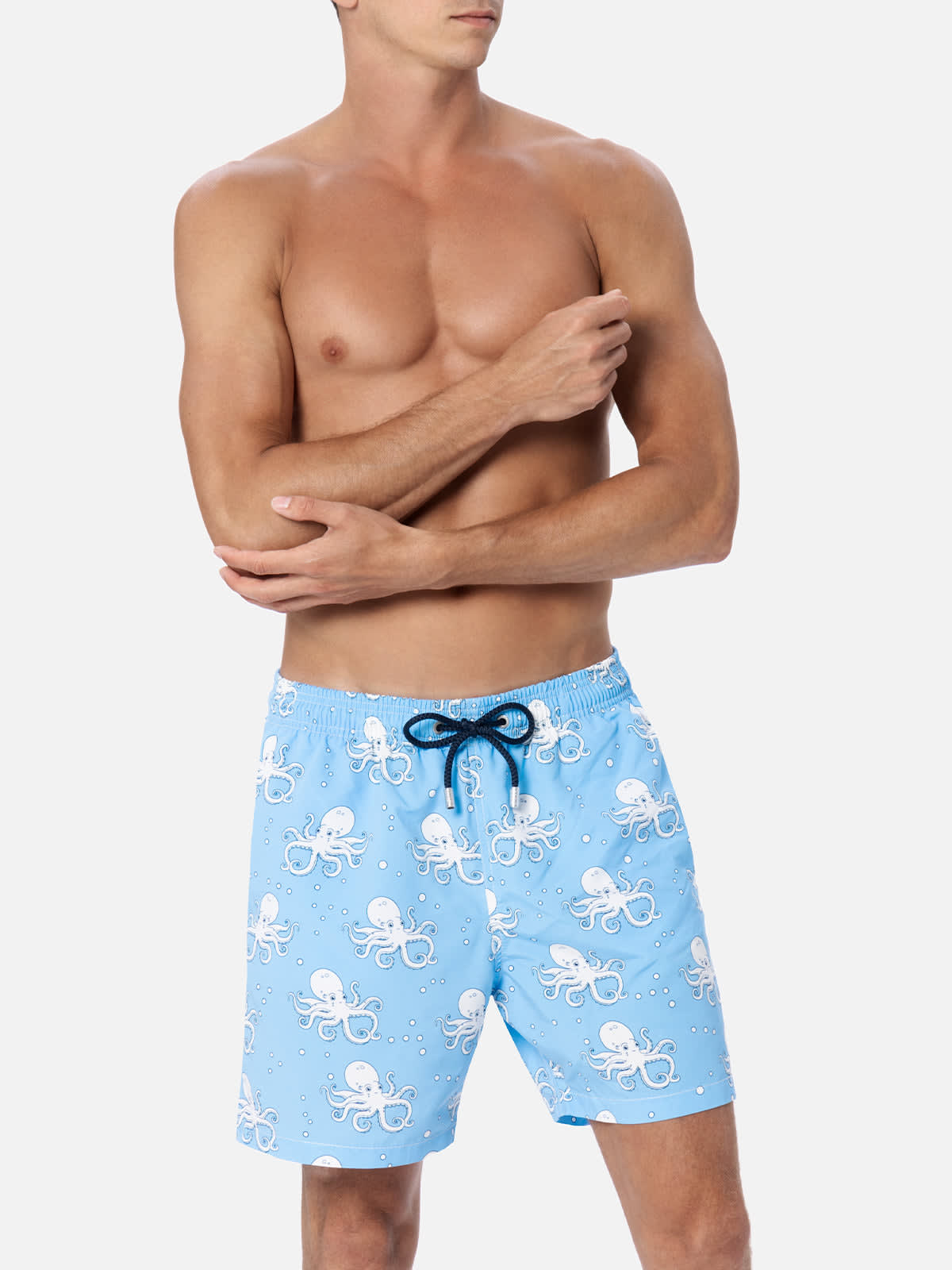 Mc2 Saint Barth Man Mid-length Gustavia Swim-shorts With Octopus Print In Sky