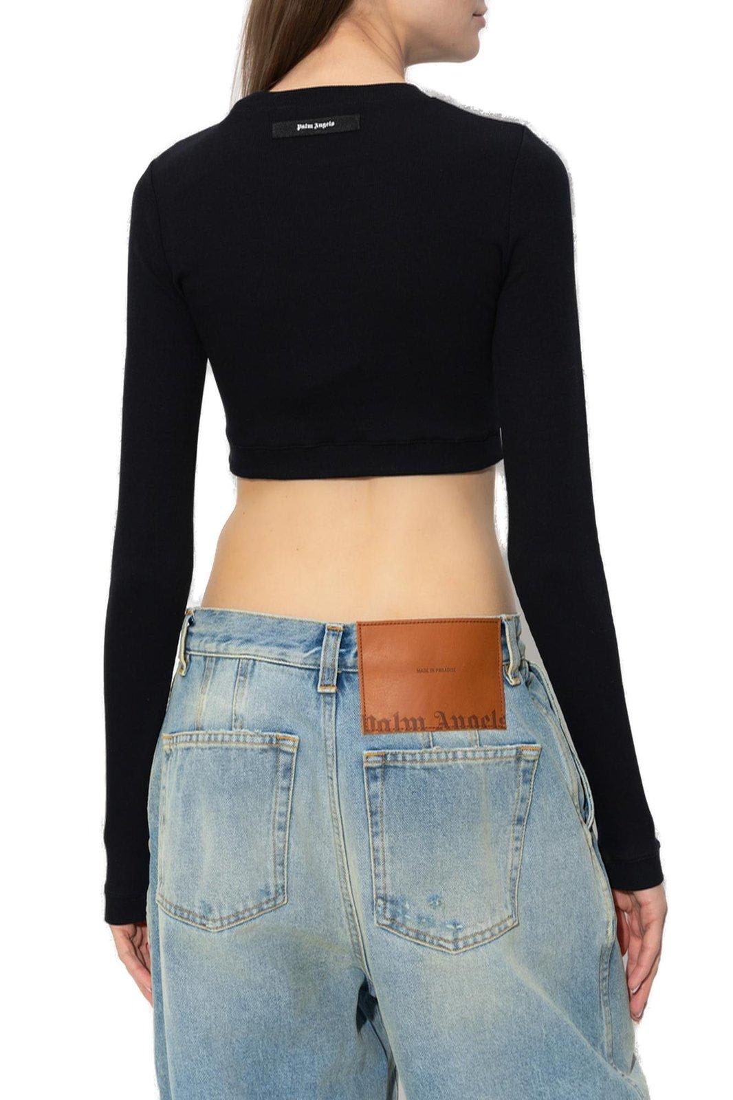 Shop Palm Angels Crewneck Long-sleeved Cropped Top In Black Black