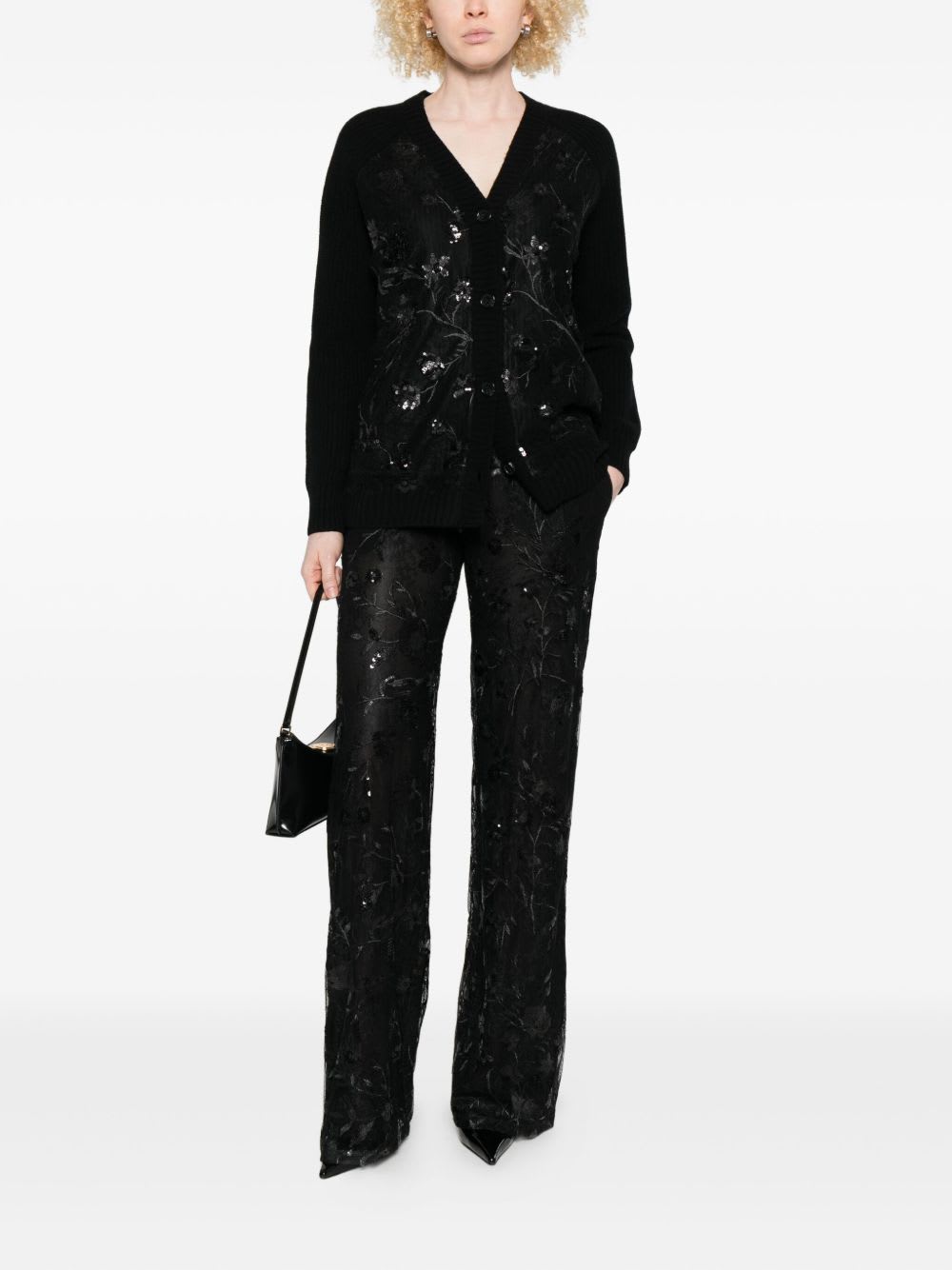 Ermanno Firenze Sheer Black Trousers With Intricate Floral Embroidery In Black