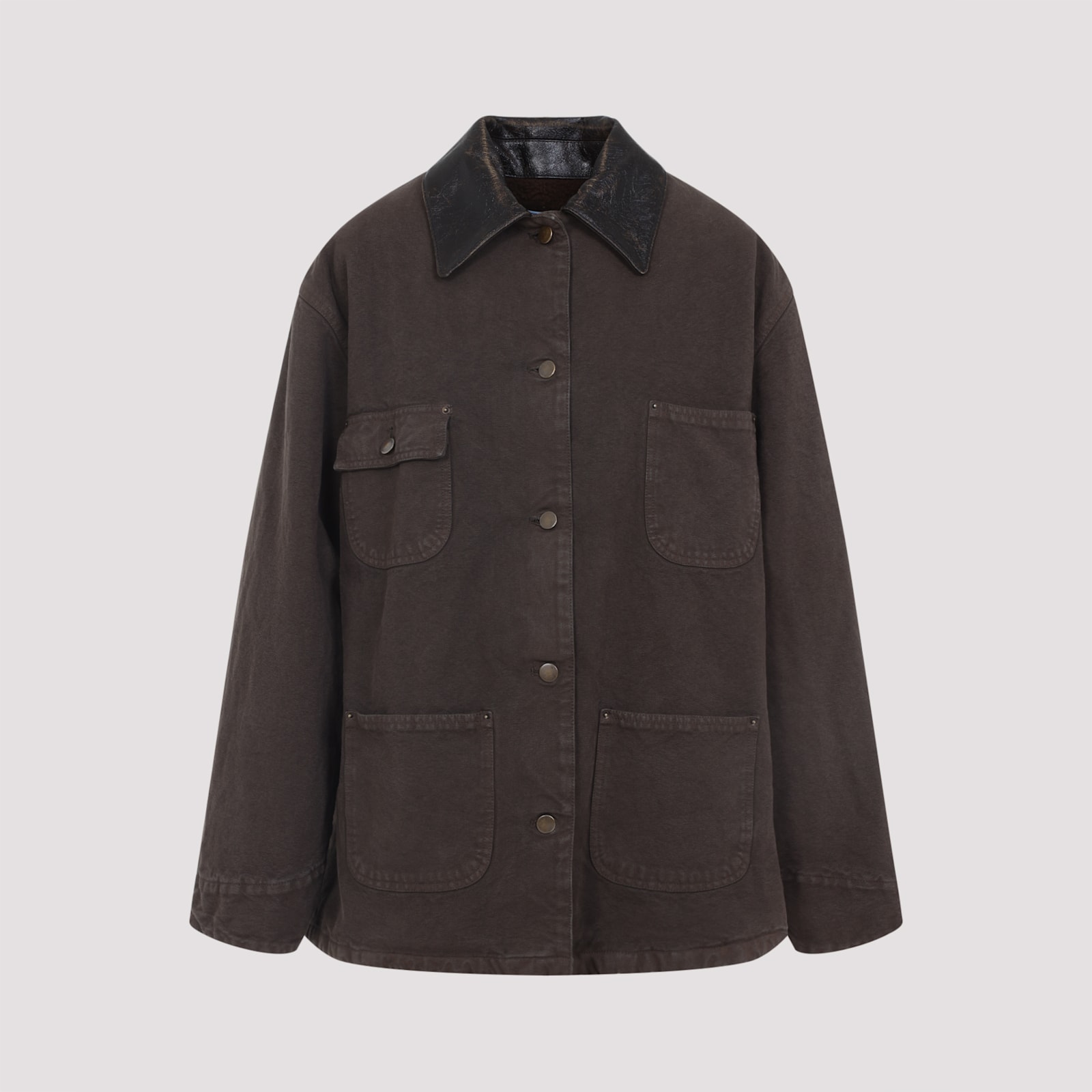 Prada Canvas Cotton Jacket Leather Collar In Brown