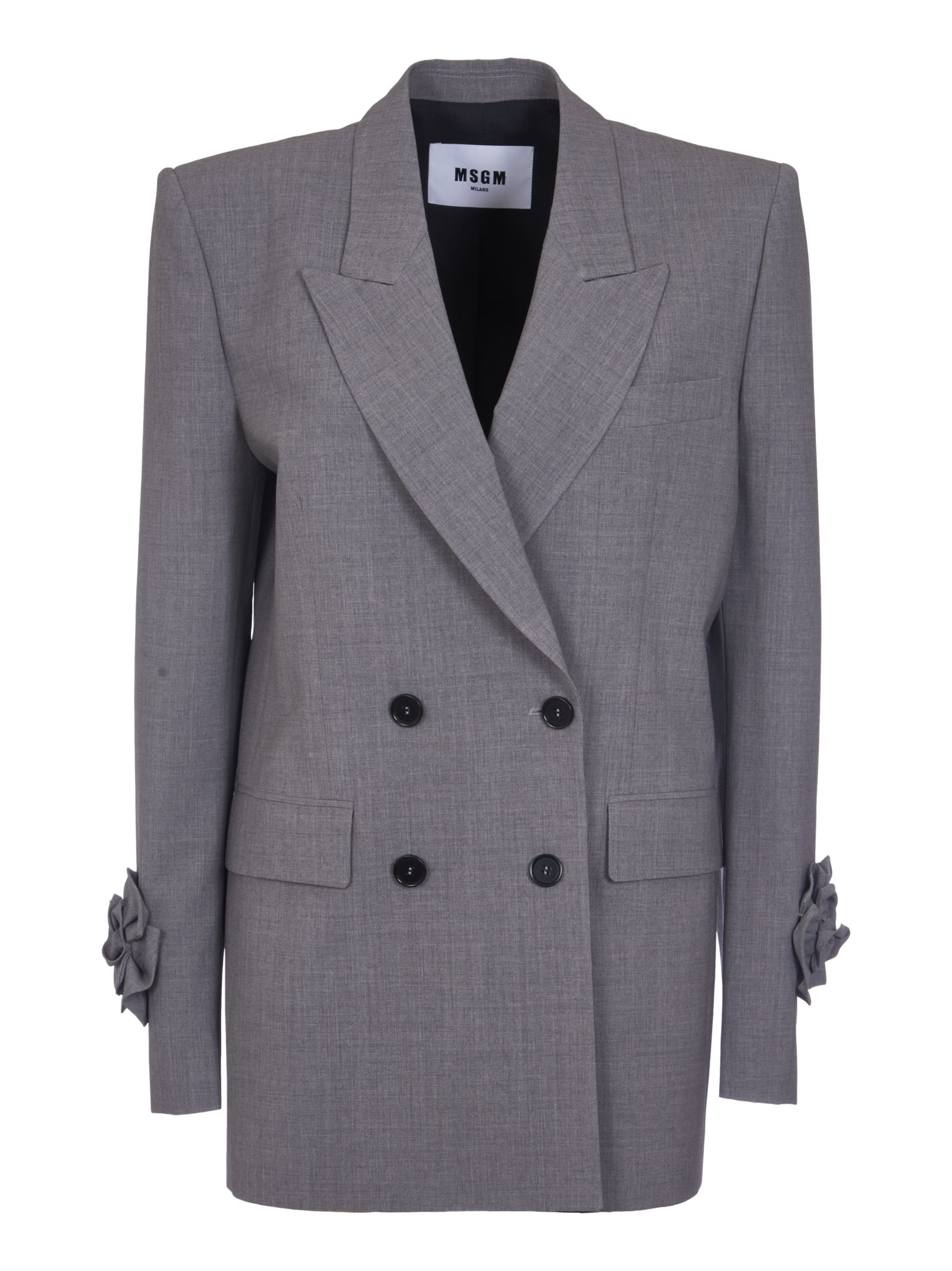 Shop Msgm Logo Patched Double-breasted Long Dinner Jacket In Grey Mélange