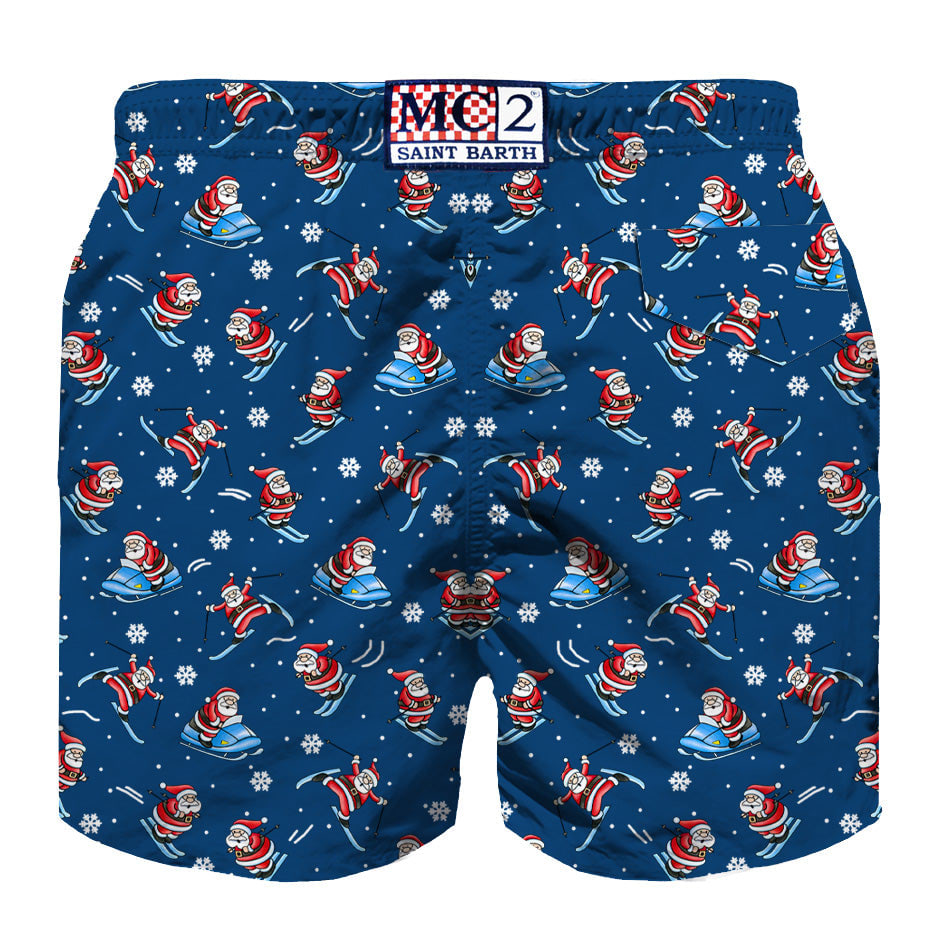 Mc2 Saint Barth Man Light Fabric Swim Shorts With Happy Santa Claus Print In Blue