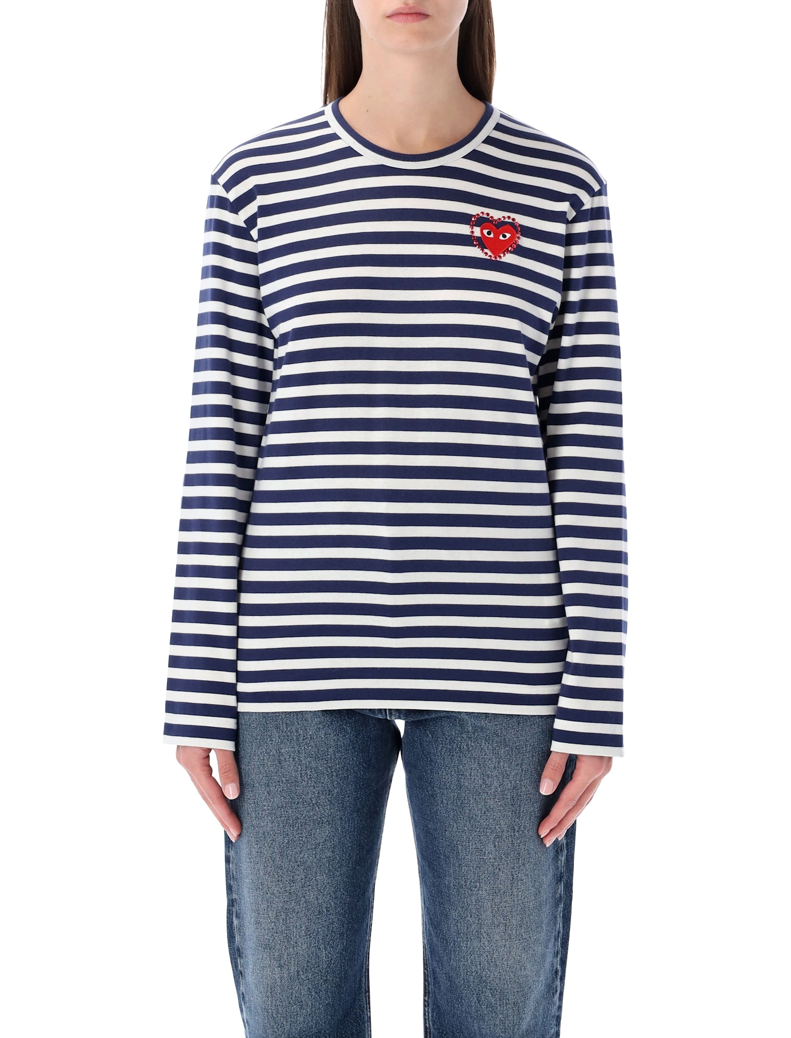 Comme Des Garçons Play Striped Navy And White T-shirt With Crystal Heart In Black