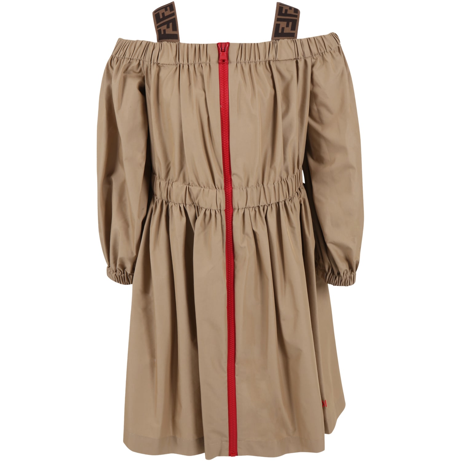 Fendi Beige Dress For Girl With Red Logo