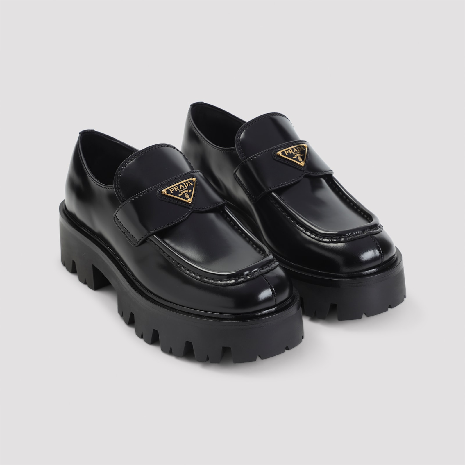 Prada Platform Leather Triangle Logo Loafers In Black