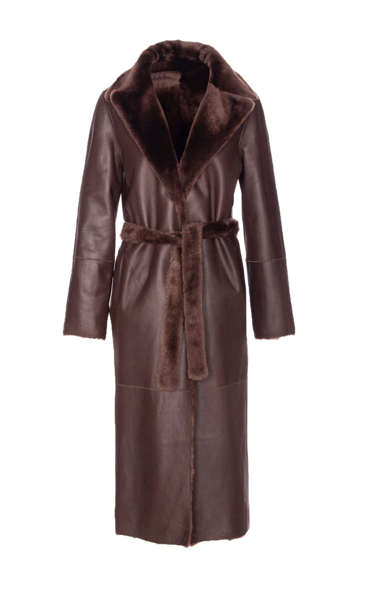 Yves Salomon Belted Faux Fur Long Coat With Pockets In Brown