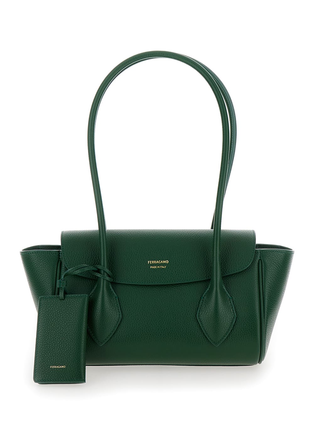 FERRAGAMO EAST-WEST S GREEN HANDBAG WITH LOGO DETAIL IN HAMMERED LEATHER WOMAN