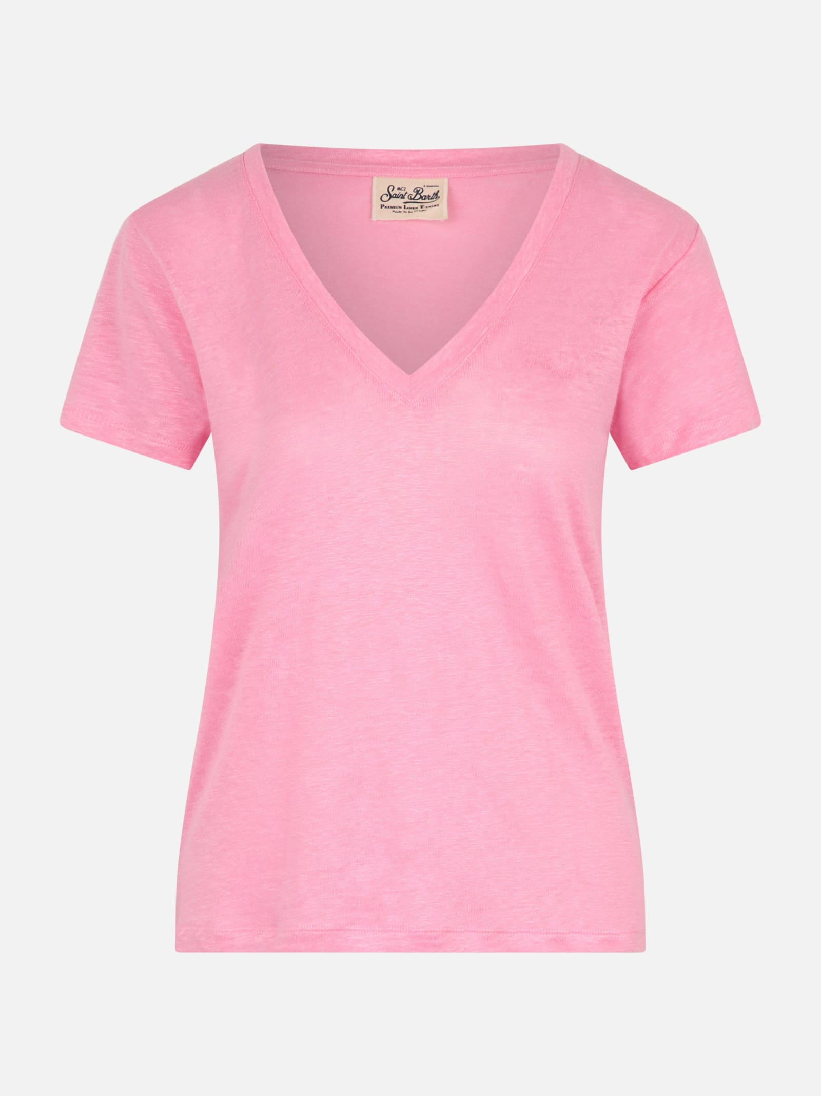 Mc2 Saint Barth Linen Jersey Pink V-neck T-shirt Eloise In Pink