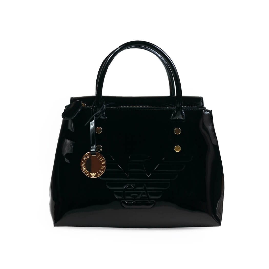 Emporio Armani Black Patent Handbag With Maxi Logo