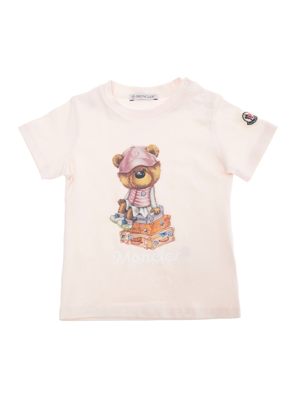 Moncler Pink T-shirt With Front Bear Print And Logo Patch In Cotton Baby In Pink