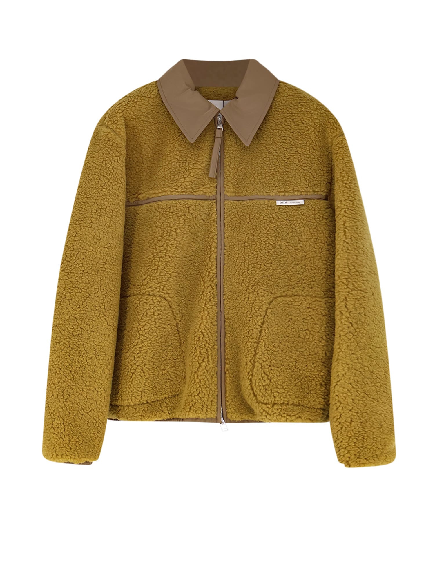 Ami Alexandre Mattiussi Ami Paris Ami Yellow Shearling Jacket With Contrast Collar In Brown