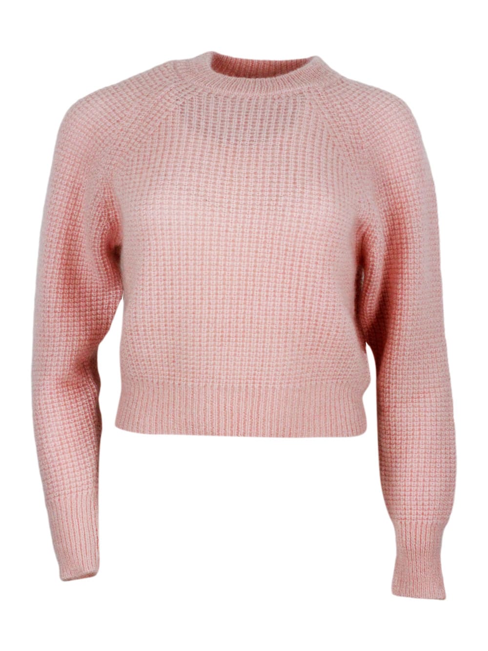 Shop Fabiana Filippi Long-sleeved Crew-neck Sweater In Mohair, Cropped Model With Raglan Sleeves And Diamond Stitch Work In Pink