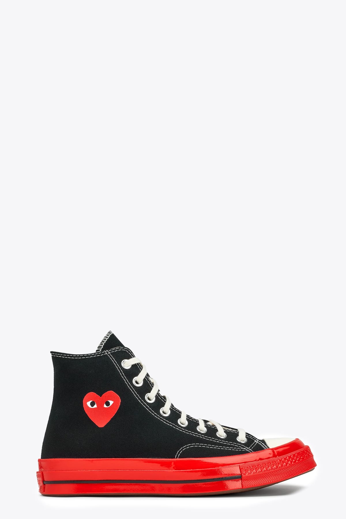 Comme des Garçons Play Ct70 Hi Top Red Sole Shoes Converse collaboration Chuck Taylor 70s black canvas sneaker with red sole.
