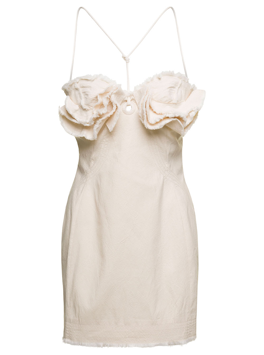 Shop Jacquemus Le Robe Artichaut Frayed Mini White Dress With Ruffled Bust In Cotton Woman