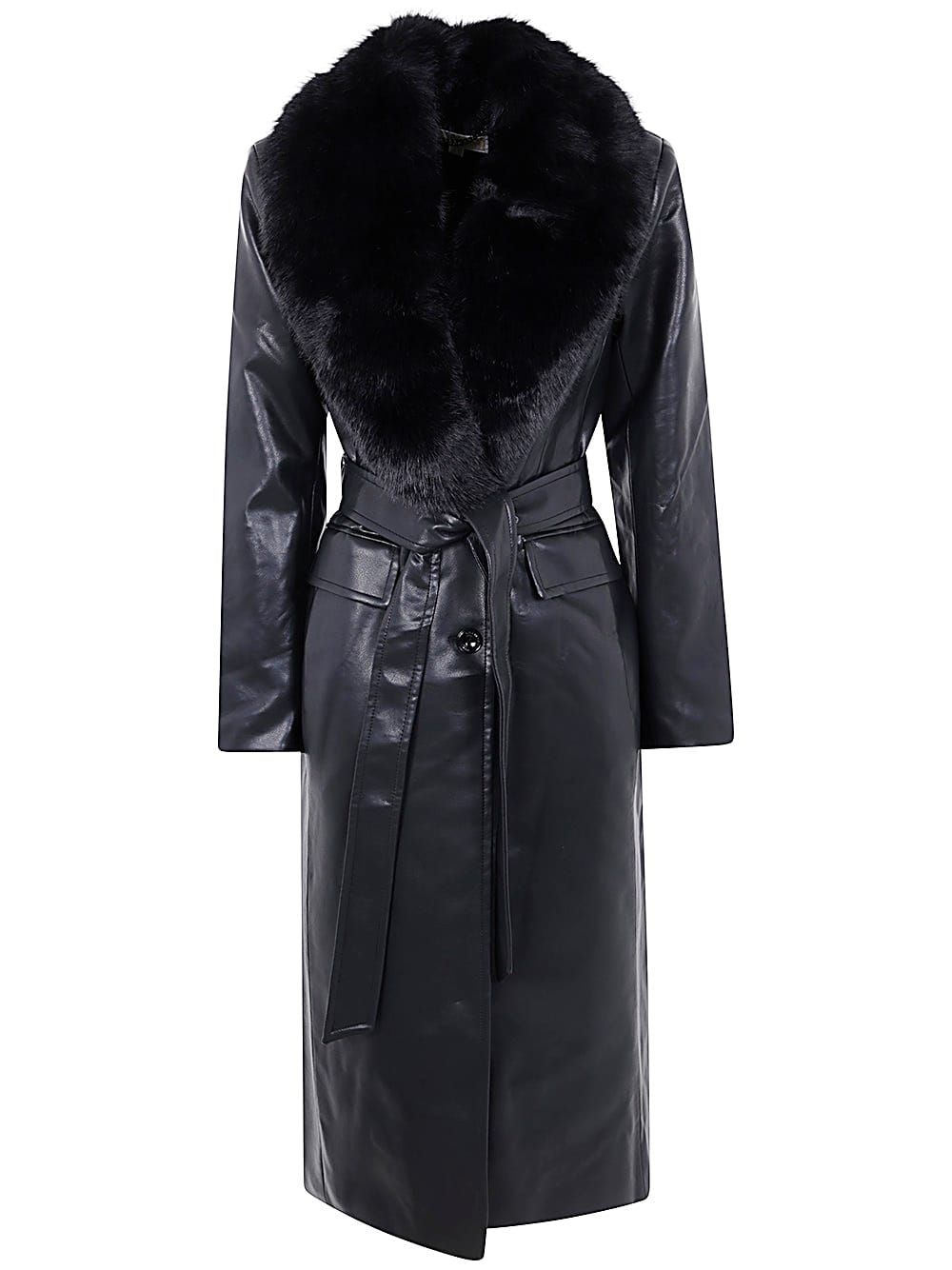 Faux Leather Robe Coat W Fx Fur Collar