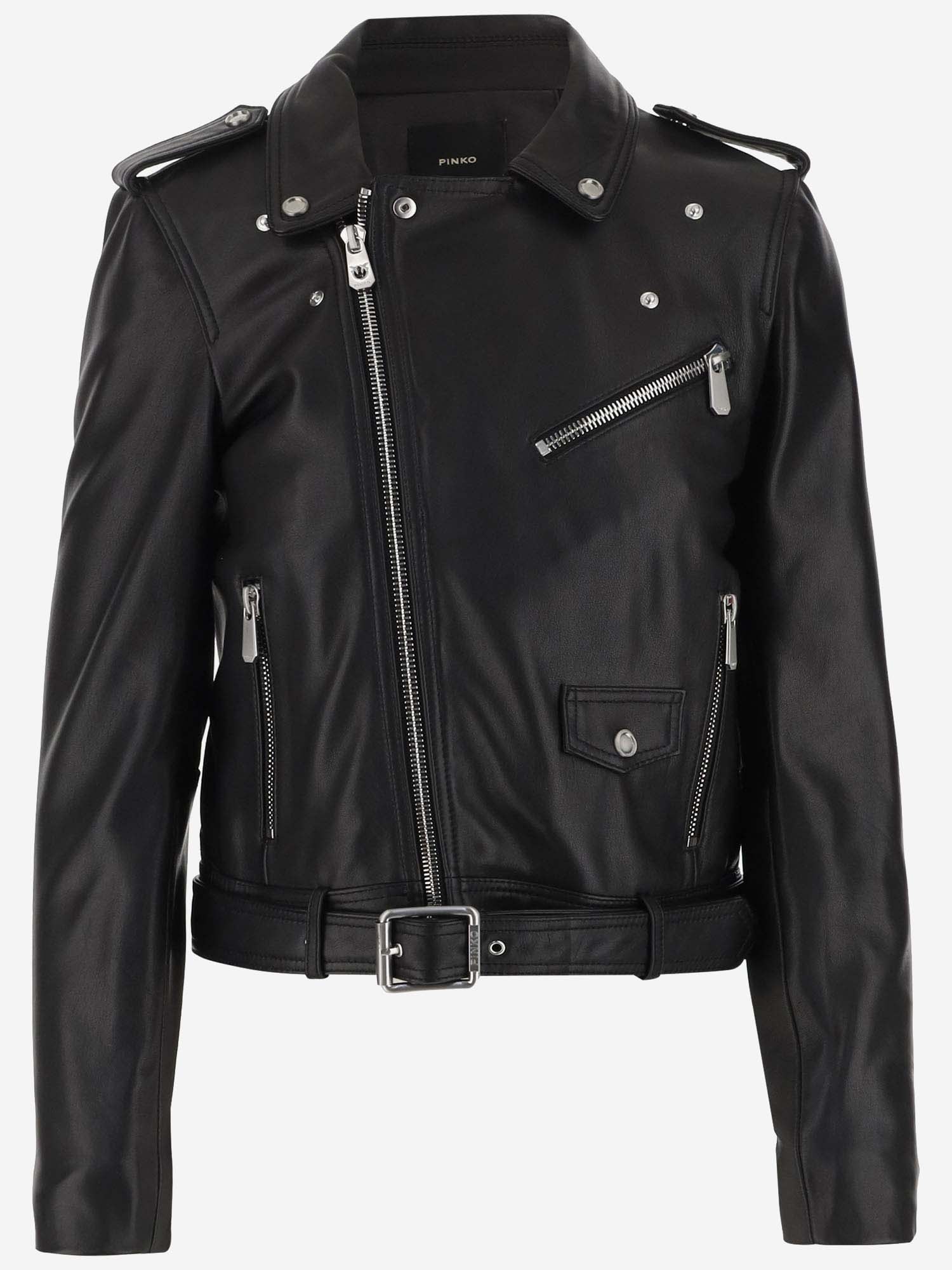 Shop Pinko Leather Biker Jacket In Black