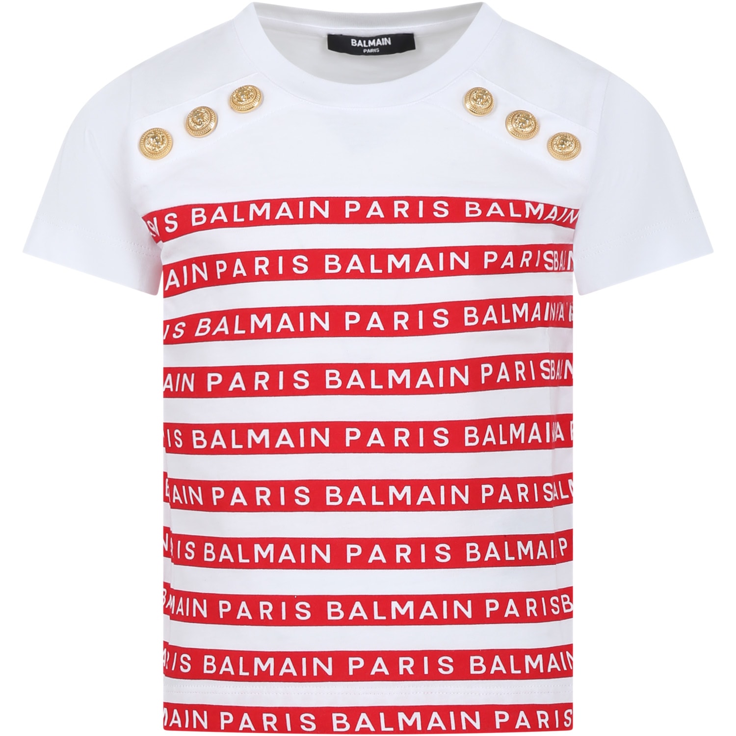 Balmain Kids' White T-shirt For Girl With Red Stripes And Logo