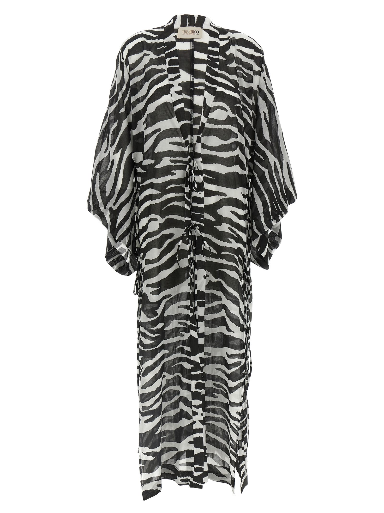Attico Animal Print Sheer Caftan With Kimono Sleeves In Black