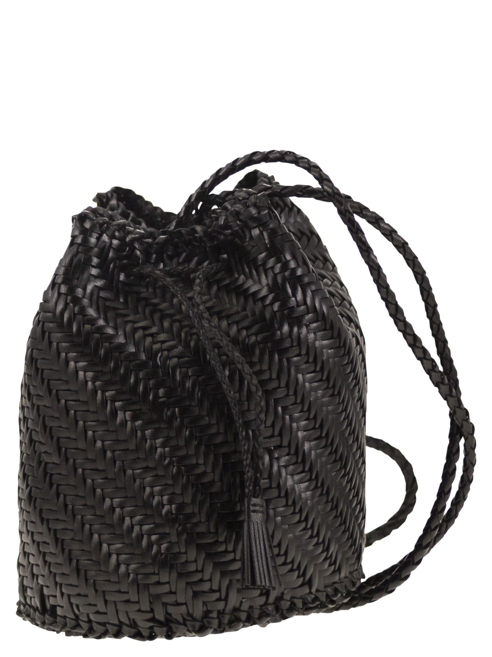 Dragon Diffusion Pompom Doublej Woven Leather Basket Bag In Black
