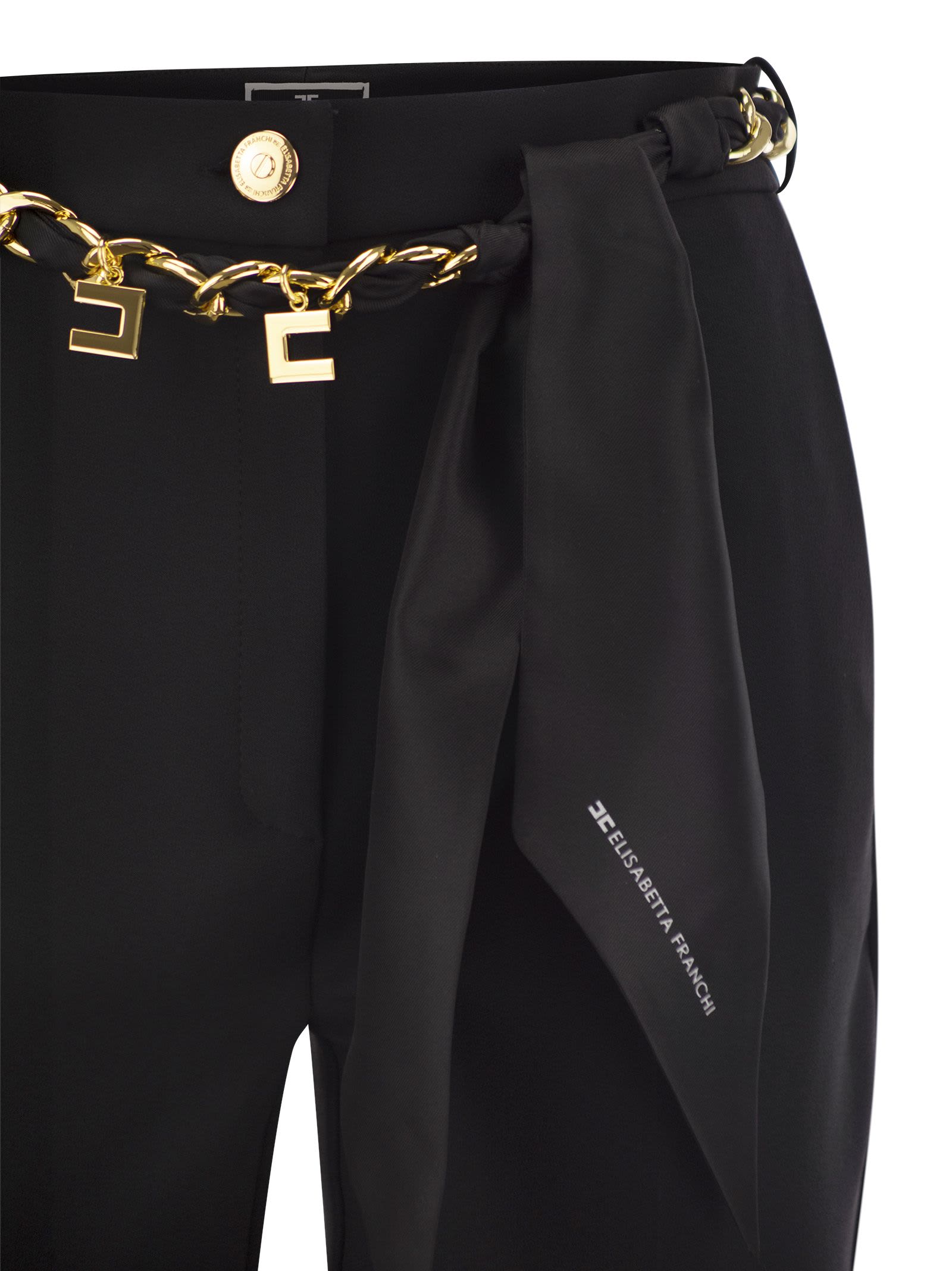 Shop Elisabetta Franchi Stretch Crepe Trousers With Foulard Belt In Black