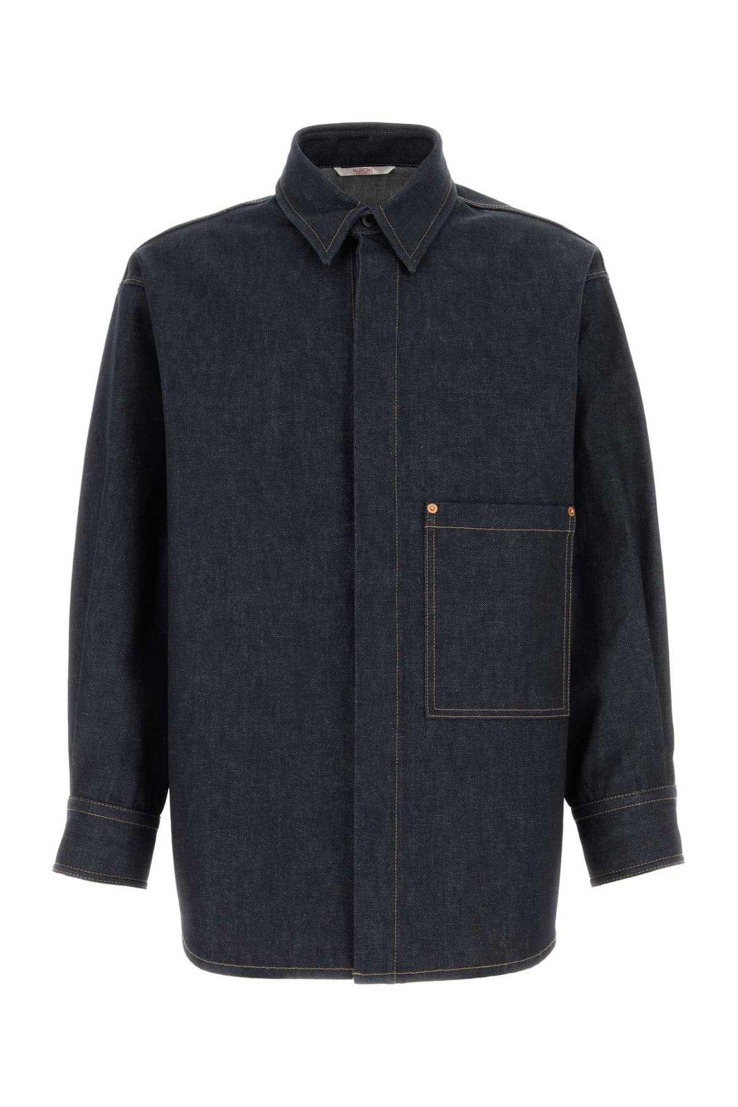 Shop Valentino Buttoned Long-sleeved Denim Shirt In Denim Scuro