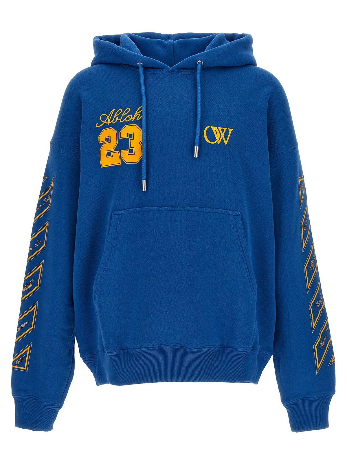 Shop Off-white Logo Printed Drawstring Hoodie In Blue/yellow