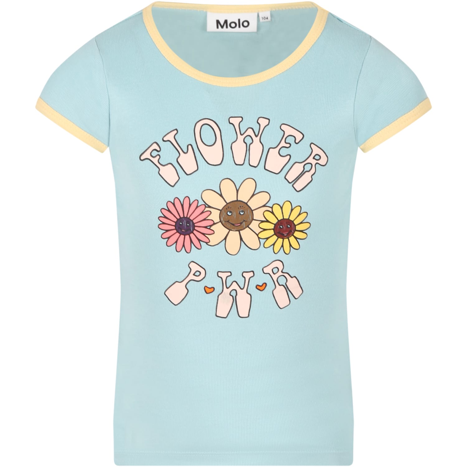 Molo Light-blue T-shirt For Girl With Pink Writing And Flowers
