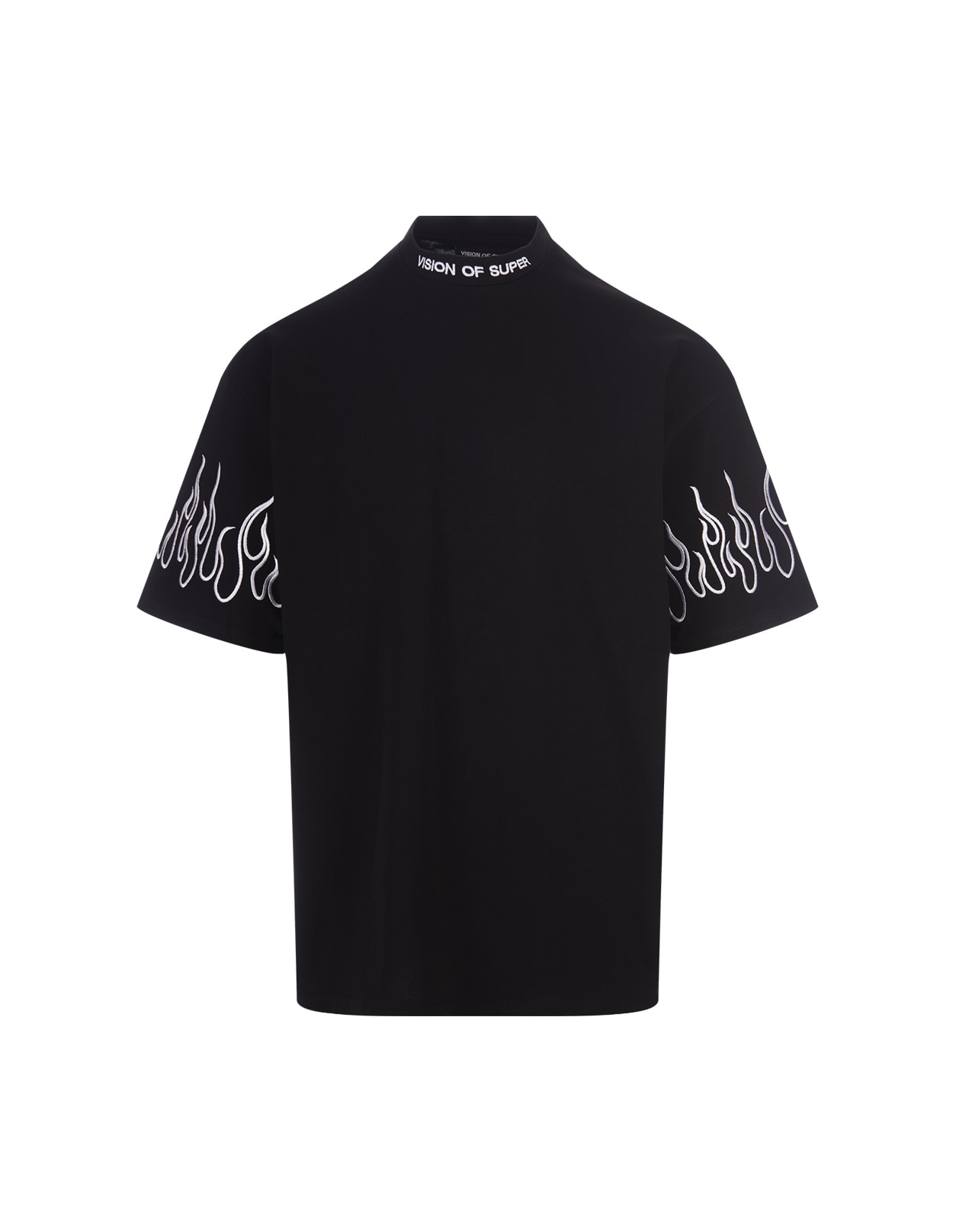 Black T-shirt With Embroidered White Flames
