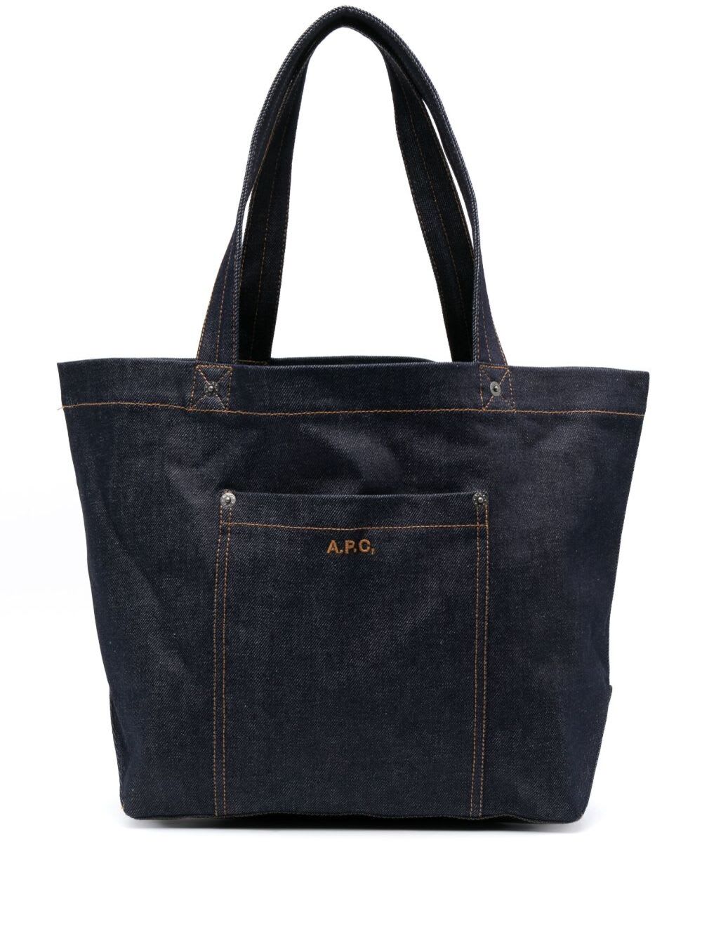 Apc Thais Blue Tote Bag With Logo Embroidery And Front Pocket In Cotton Blend Denim Woman In Iai Indigo