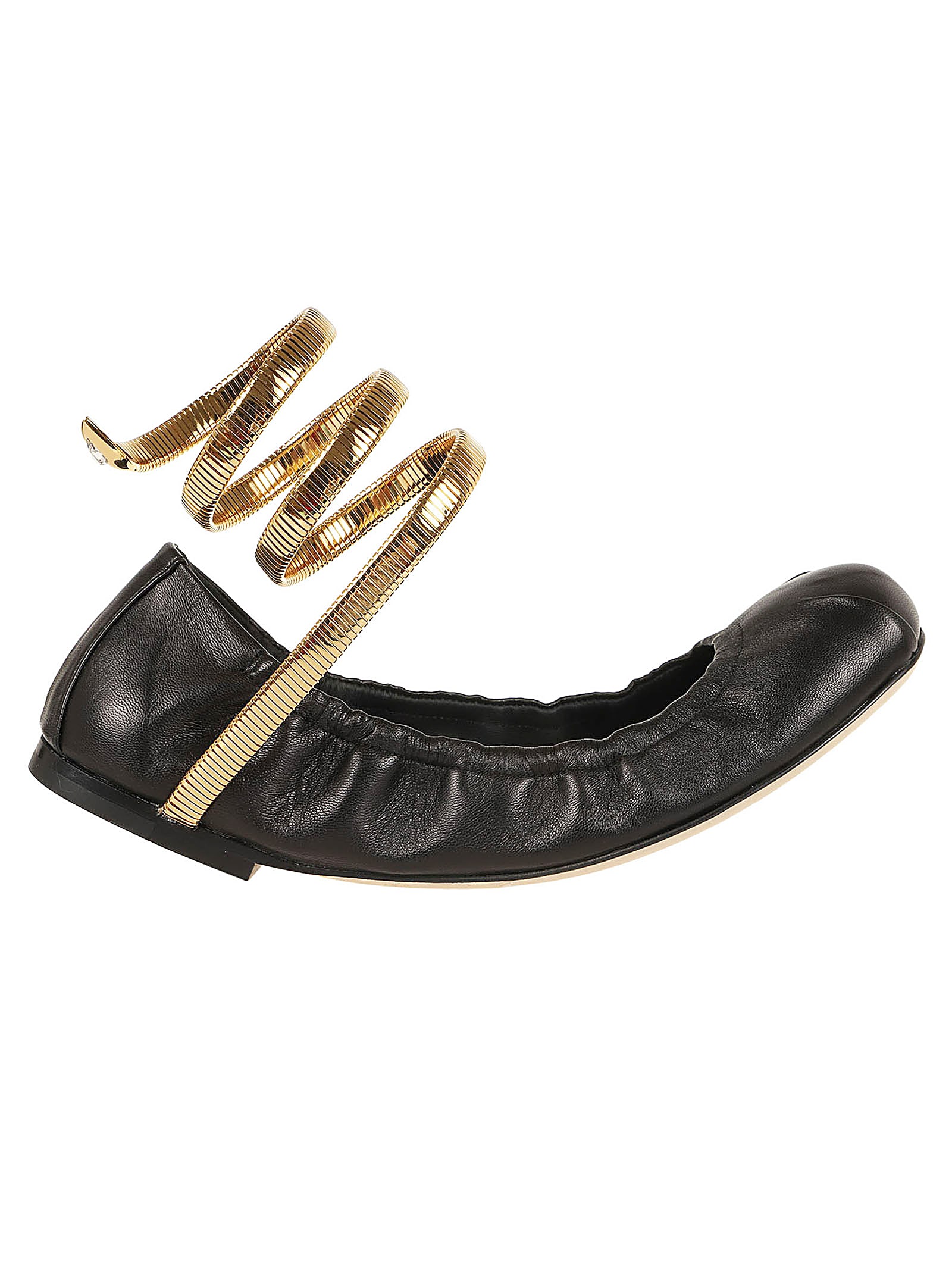 Shop René Caovilla Juniper Ballerina In Black Lamb Gold Metal Snake