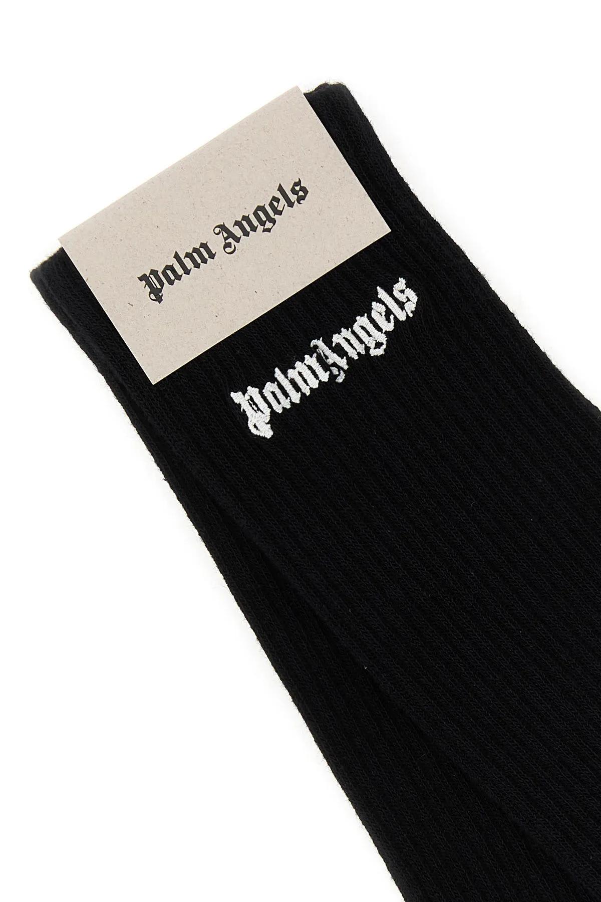Shop Palm Angels Black Stretch Cotton Blend Socks In Black White