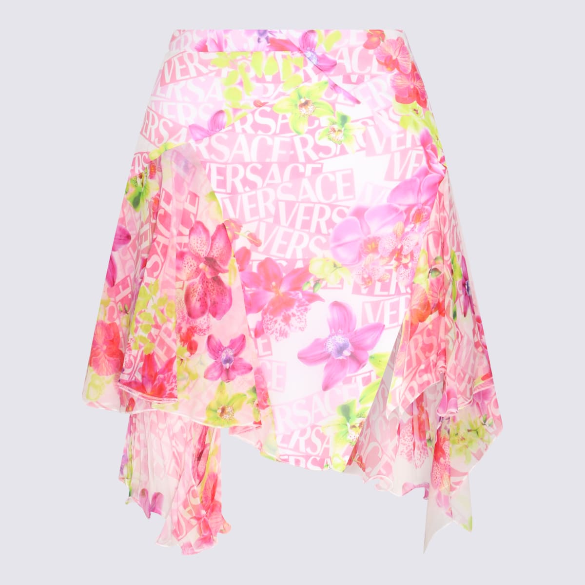 Shop Versace White And Pink Silk Mini Skirt In Bianco+rosa