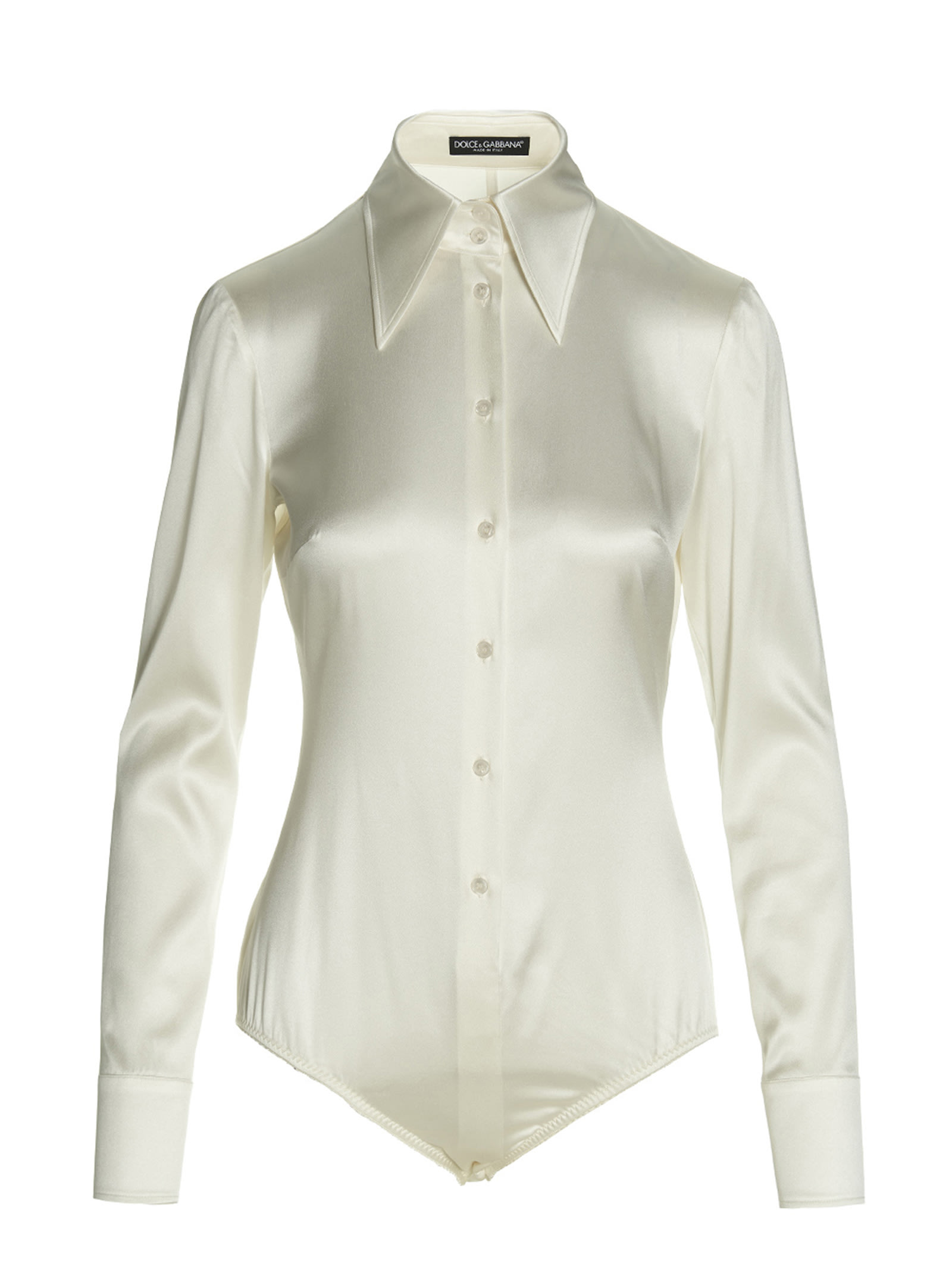 Dolce & Gabbana Collared Long-sleeve Silk Blouse In White