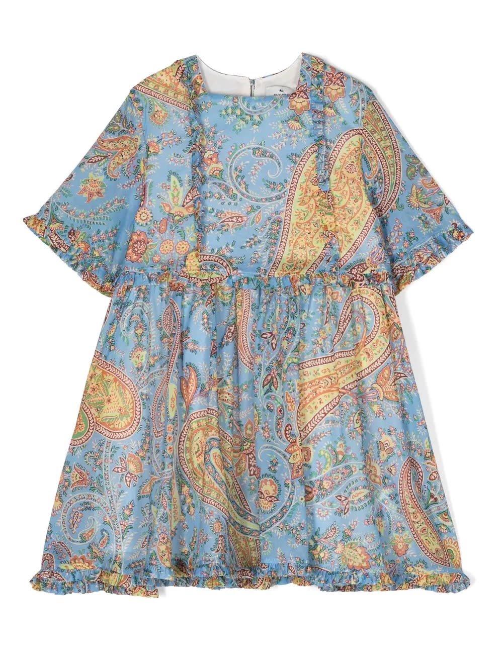 Shop Etro Light Blue Dress With Ruffles And Paisley Motif