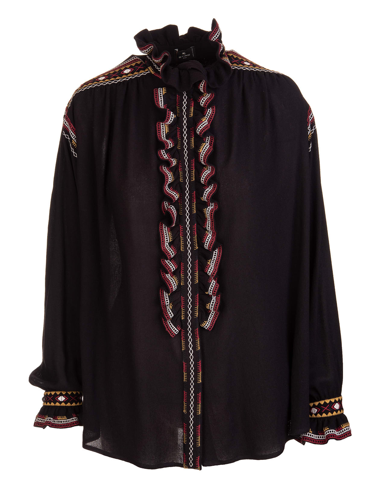 Etro Black Wool Blend Shirt With Ruffles And Contrast Embroidery