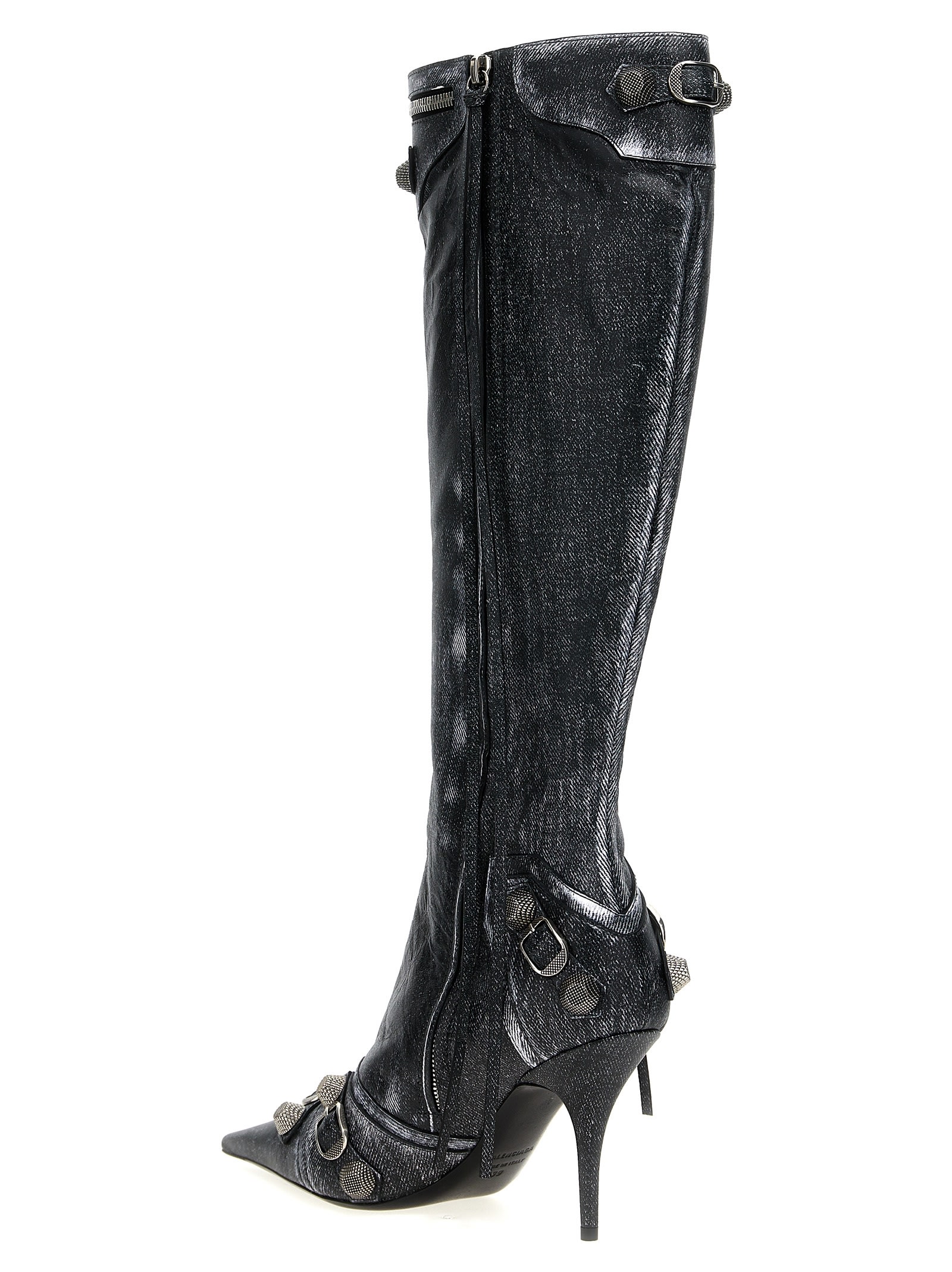 Balenciaga Cagole White Pointed High-boots With Studs And Buckles In Leather Woman In Black
