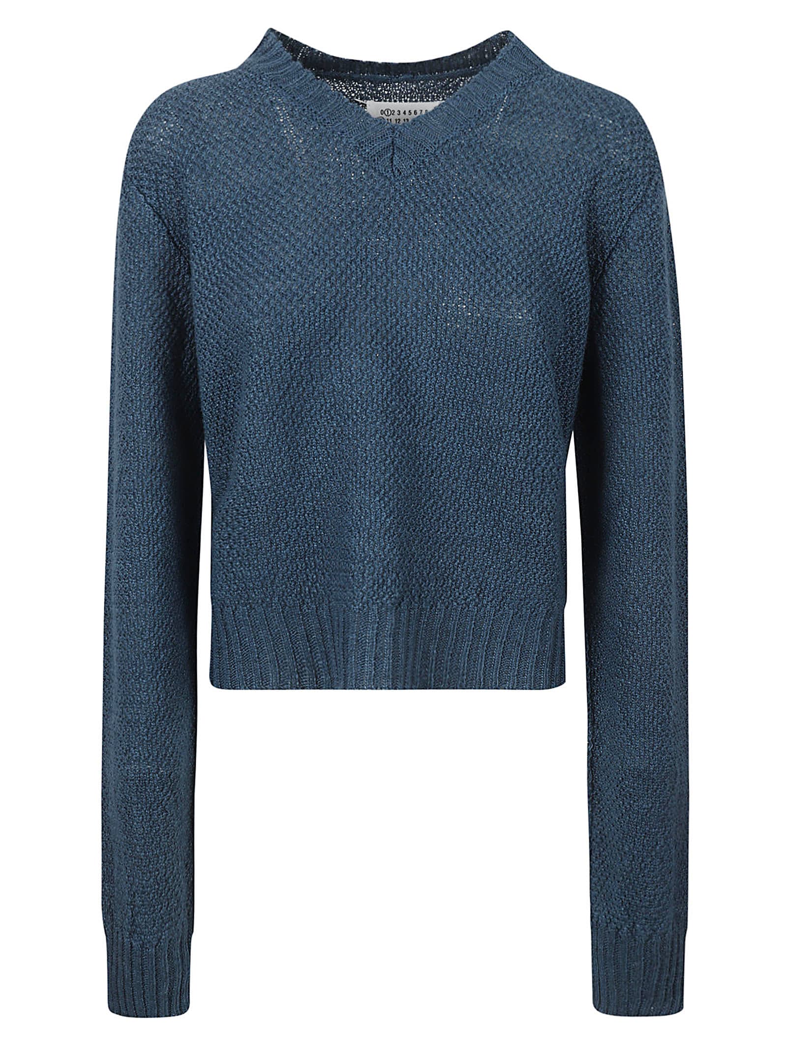 Shop Maison Margiela Logo Embroidered V-neck Woven Sweater In Blue