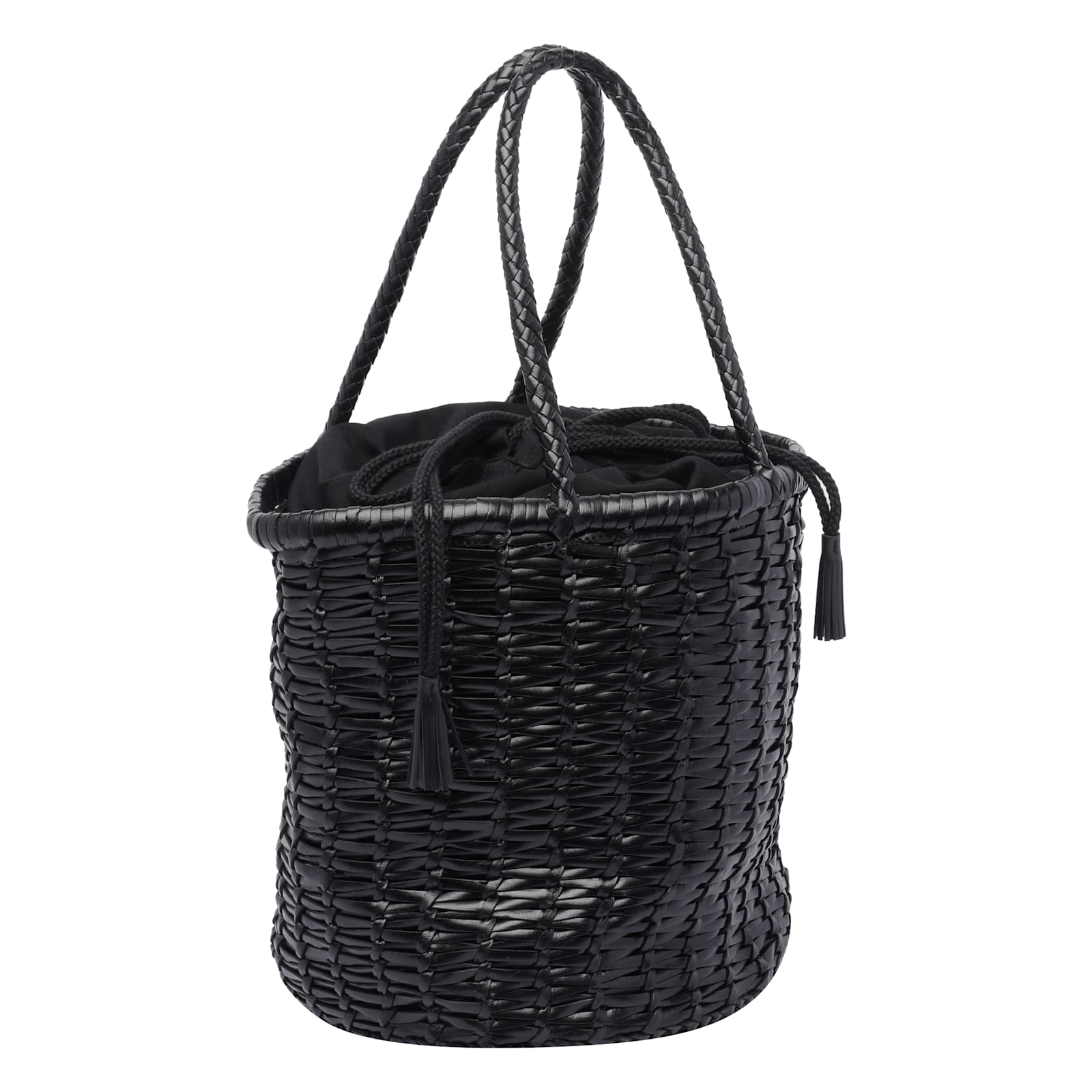 Dragon Diffusion Woven Texture Bucket Bag With Tassel Detail In Black