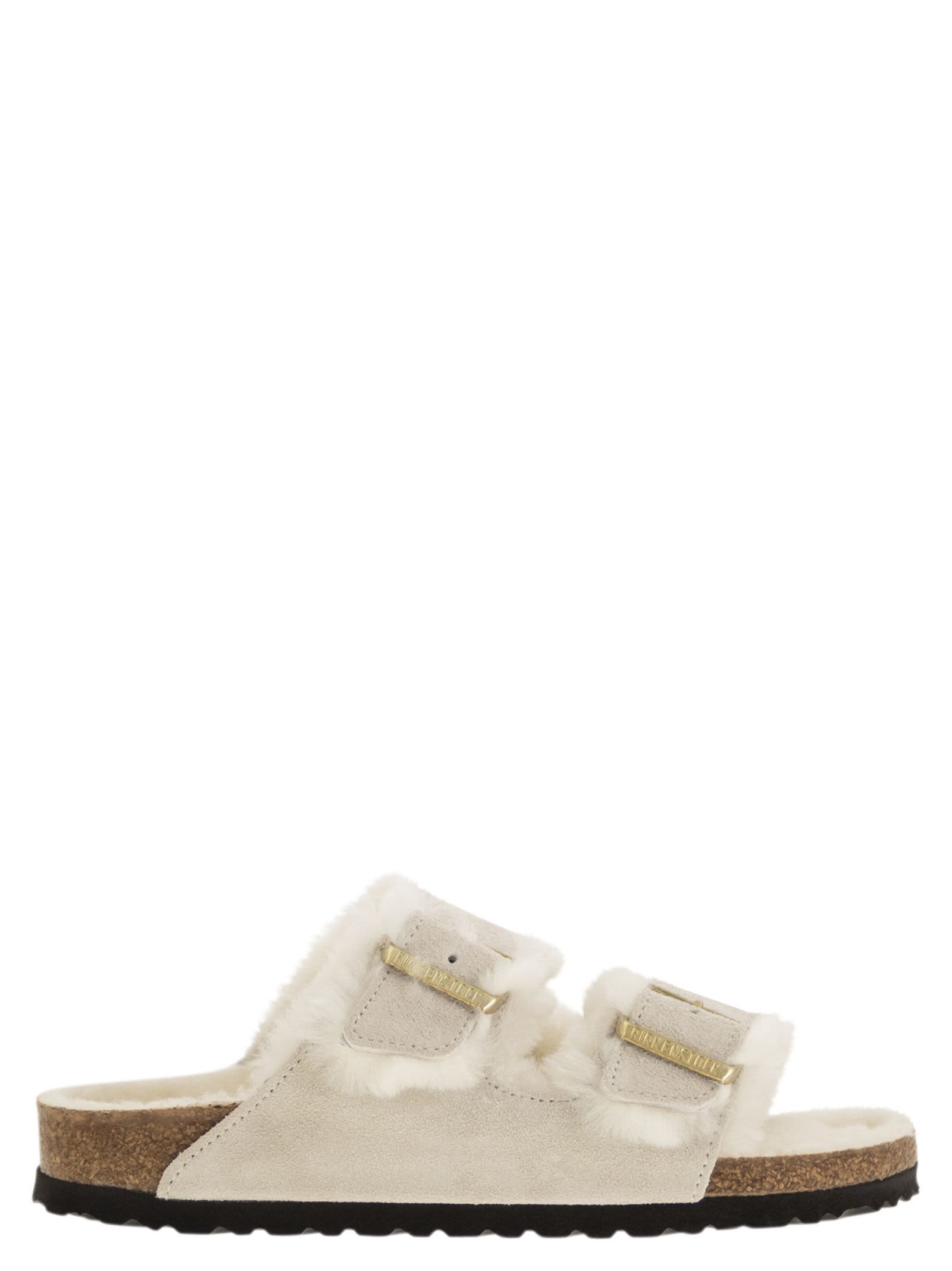 Birkenstock Arizona Suede Shearling Dual-buckle Slide Sandals In White