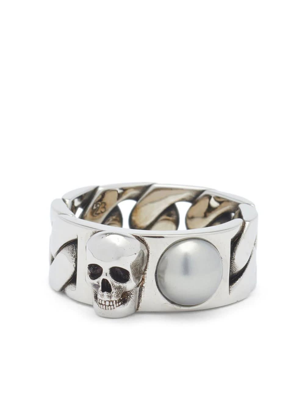Shop Alexander Mcqueen Pearl And Skull Chain Ring In Antique Silver