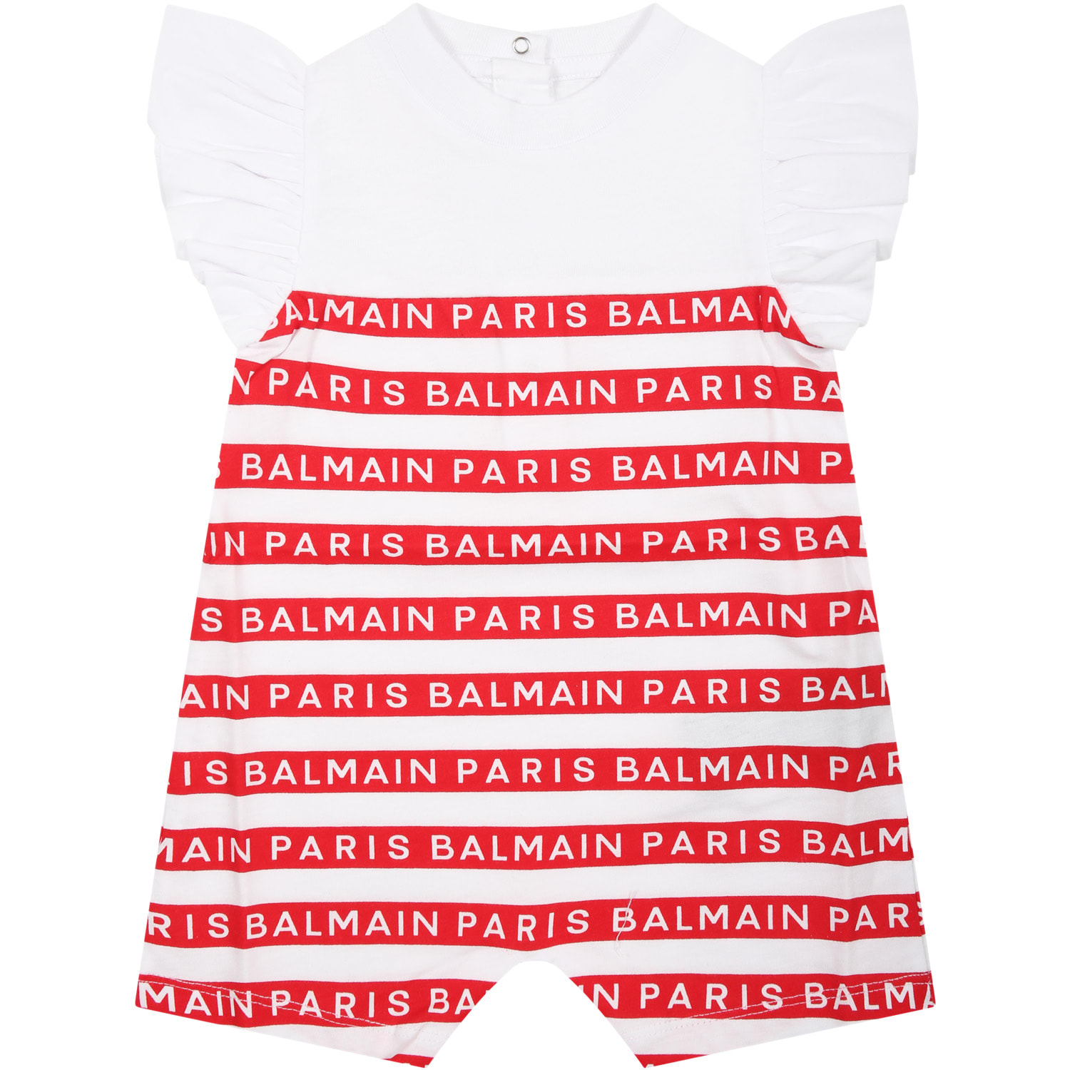 BALMAIN WHITE ROMPER FOR BABY GIRL WITH RED STRIPES AND LOGO