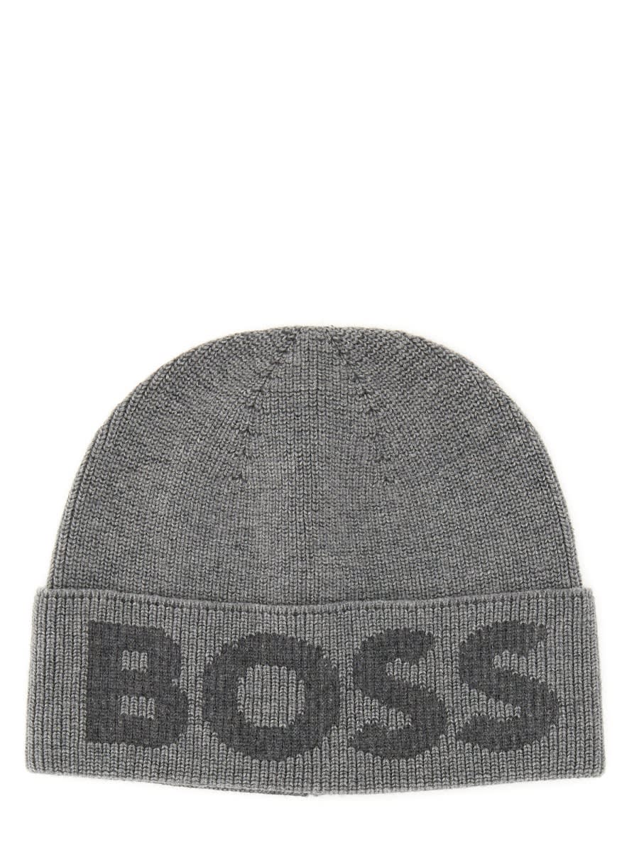 Shop Hugo Boss Knit Hat With Logo In Grey