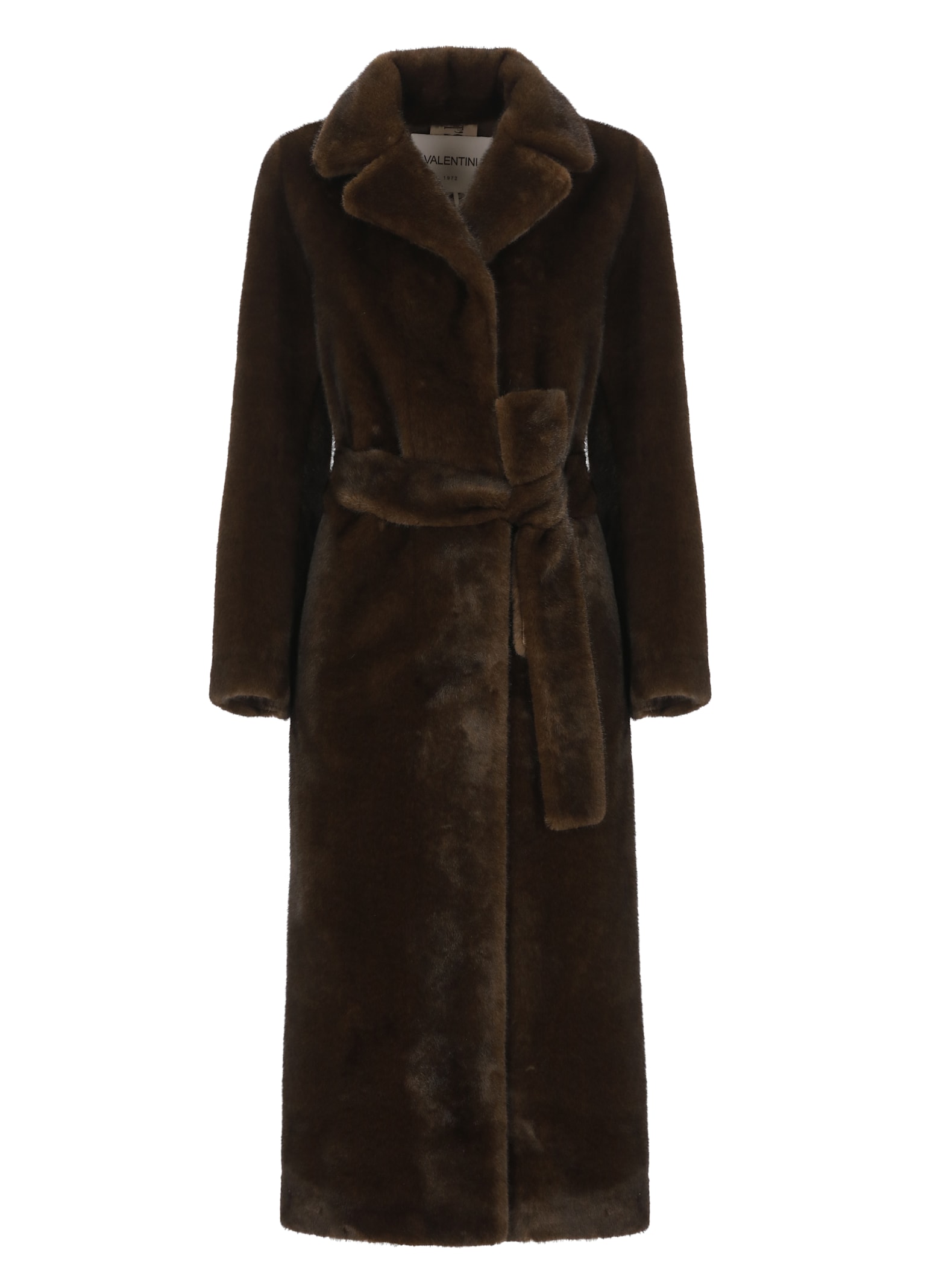 Valentini 1972 Brown Coat With Waist Belt In Faux Fur Woman In Brown